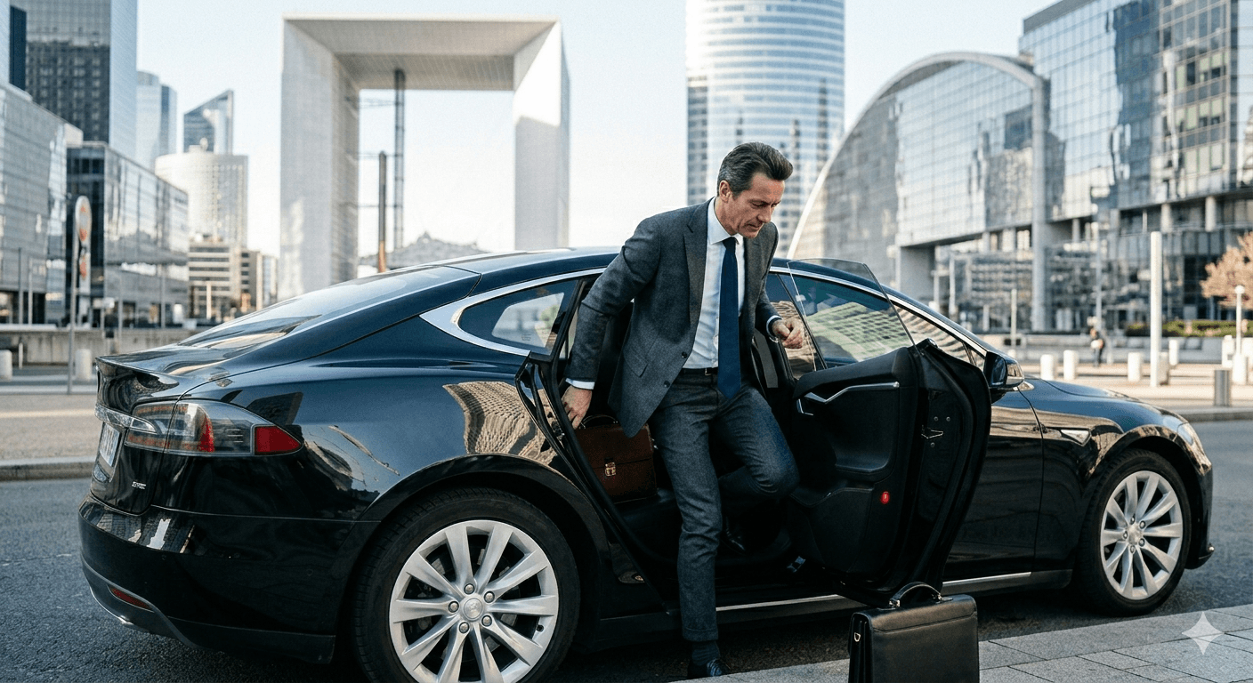 Cadre en costume sortant d'une Tesla noire devant la Grande Arche de La Défense, service VTC premium transferts aéroport et gare Paris