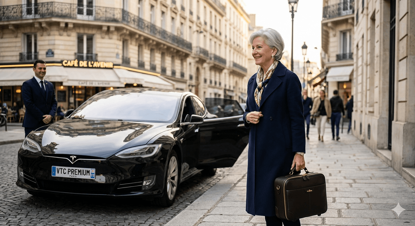 Femme âgée élégante accompagnée par chauffeur VTC premium en Tesla Hauts-de-Seine